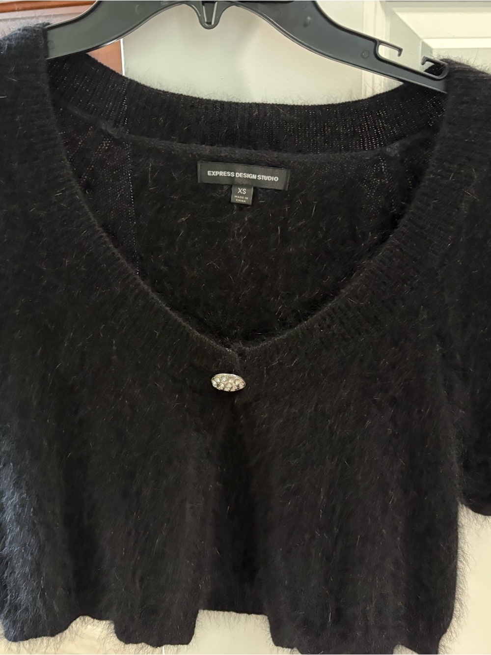 Express Black Fuzzy V-Neck Sweater with Decorative Crystal Button
